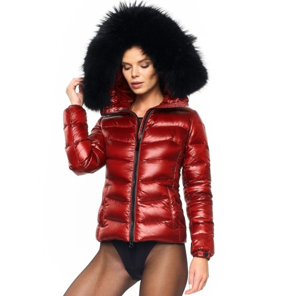 Raccoon warm We Love Furs Puffer Jacket with Fur Hood „IceRed“ black