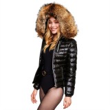 Ladies Down Coat with Fur Hood "Majestic Black" black shiny