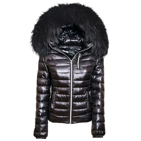 Black shiny Jacket with Fur Hood 