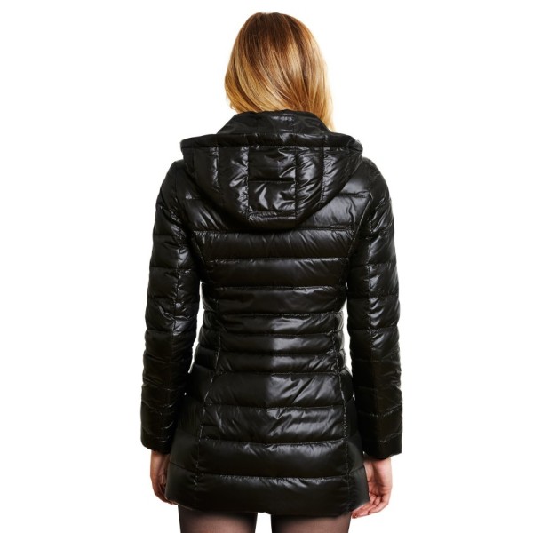 Black shiny  Long fur hooded down jacket, „Majestic Black“