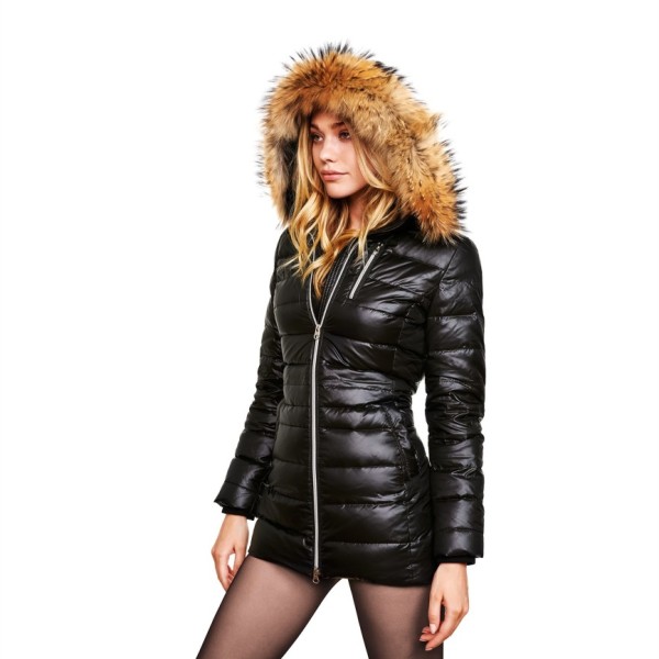 Fur Hooded Down Jacket in black color | WeLoveFurs.com Size L / 38-40