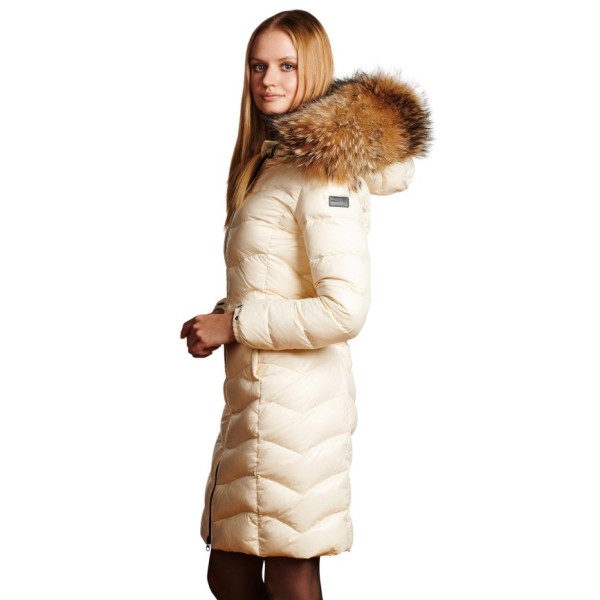 Puffer coat with real fur hood cream