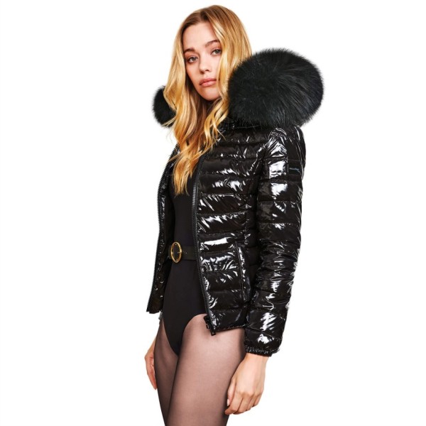 Ladies Puffer jacket with fake fur collar black
