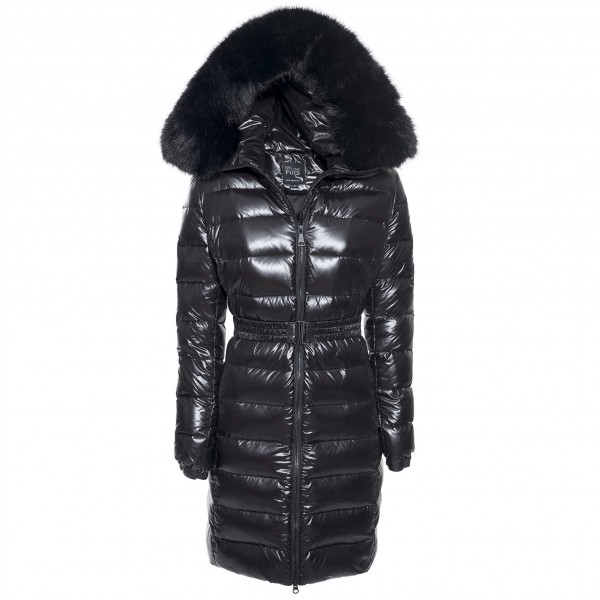 Down coat with belt and fake fur collar black