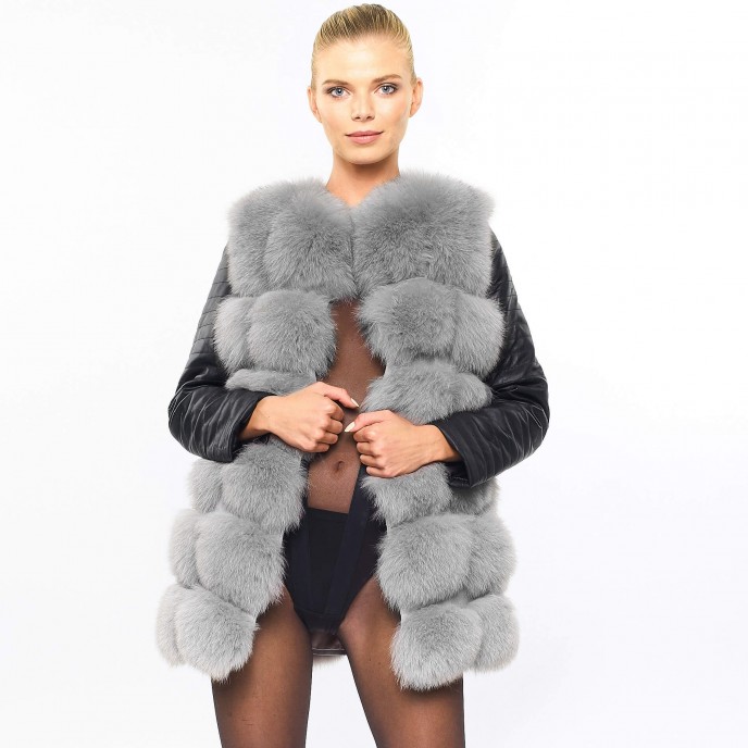 real fur jacket with leather sleeves