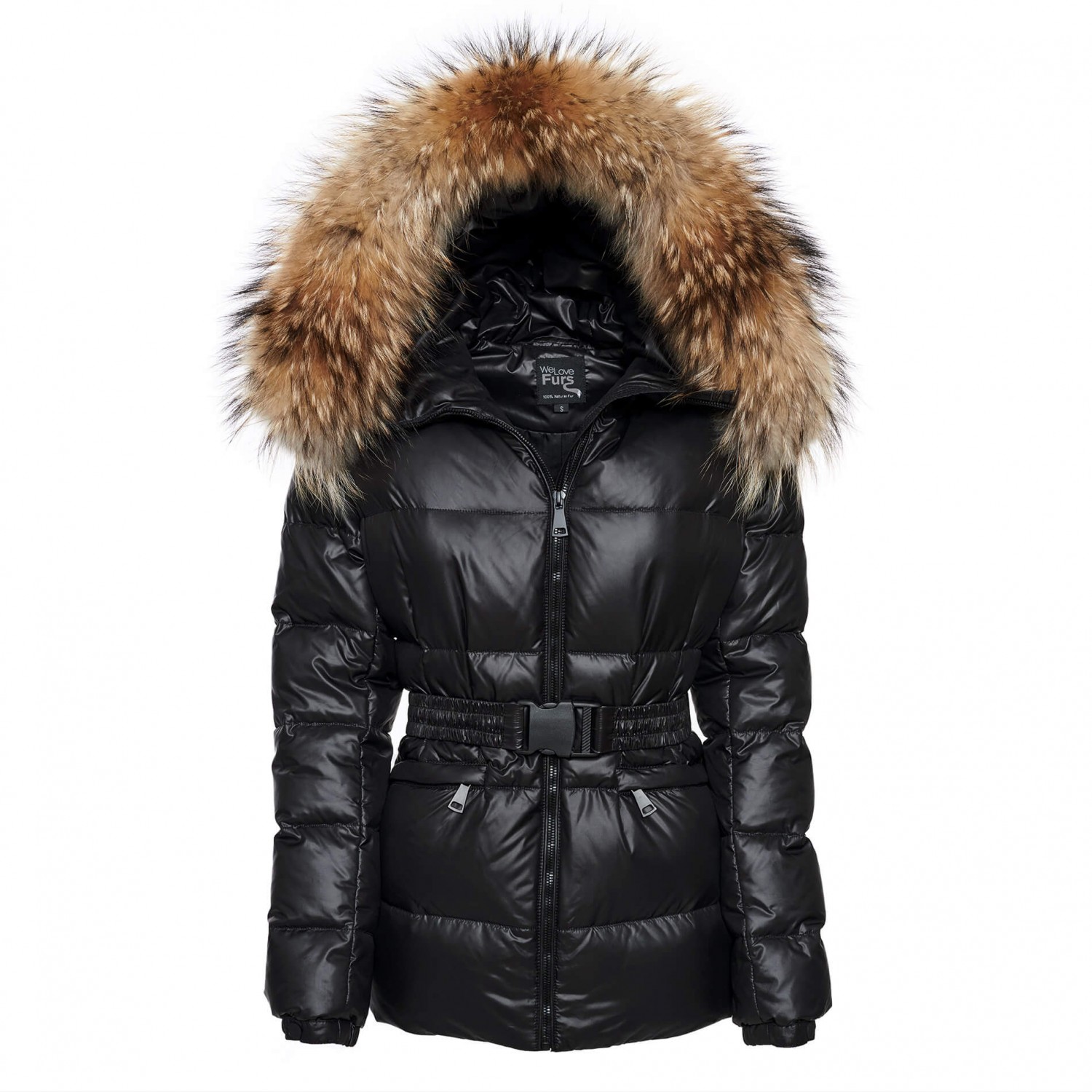Puffer jacket with real fur hood black