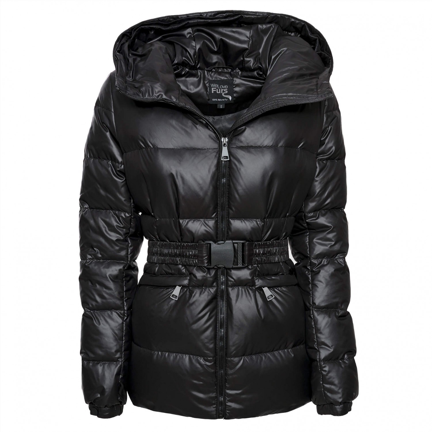 Puffer jacket with real fur hood black