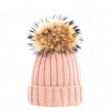 Beanie with fur in red, pink & rosè