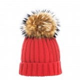 Beanie with fur in red, pink & rosè