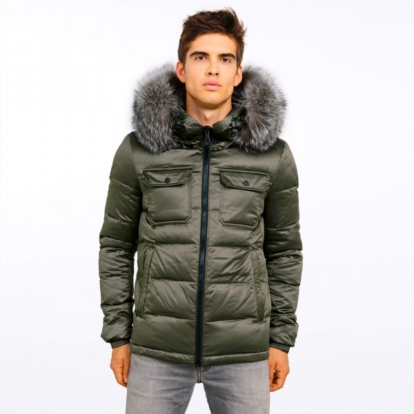 mens puffer jacket with silverfox collar