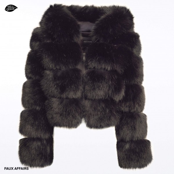 cropped fake fur jacket with hood black