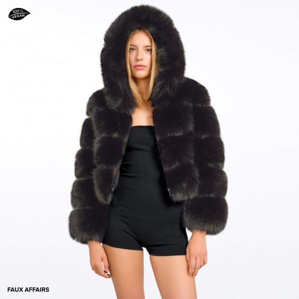 black faux fur jacket with hood