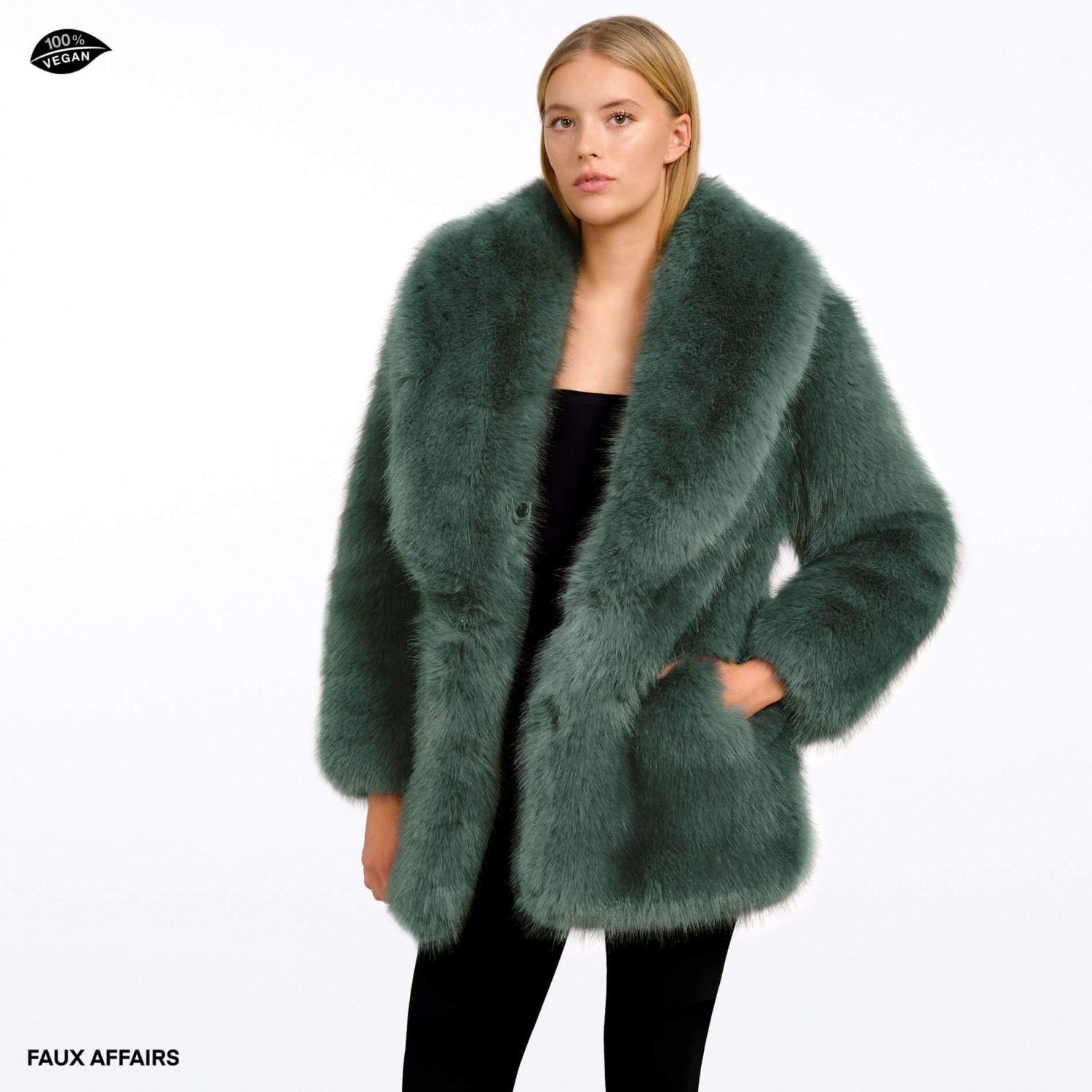green faux fur coat
