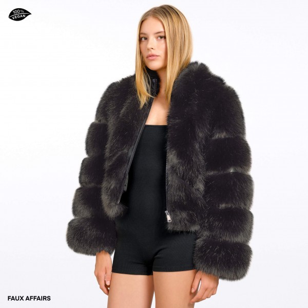 cropped black fake fur jacket