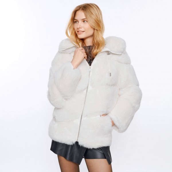 white fake fur coat