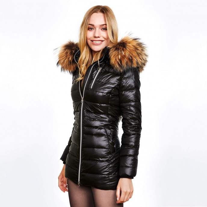 Long XXL fur hooded down jacket, „Majestic Black“ We Love Furs Finnraccoon