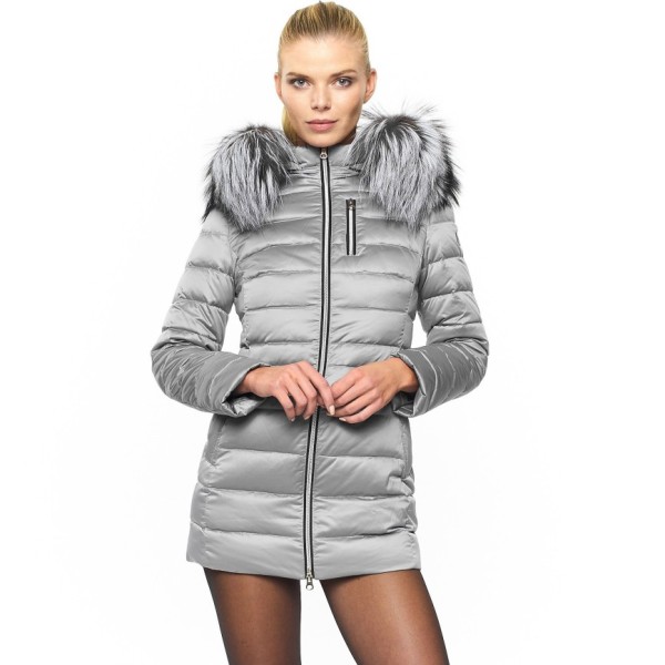 Fur downjacket winterjacket silver metallic shiny woman