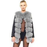 Woman leather jacket winter fur grey