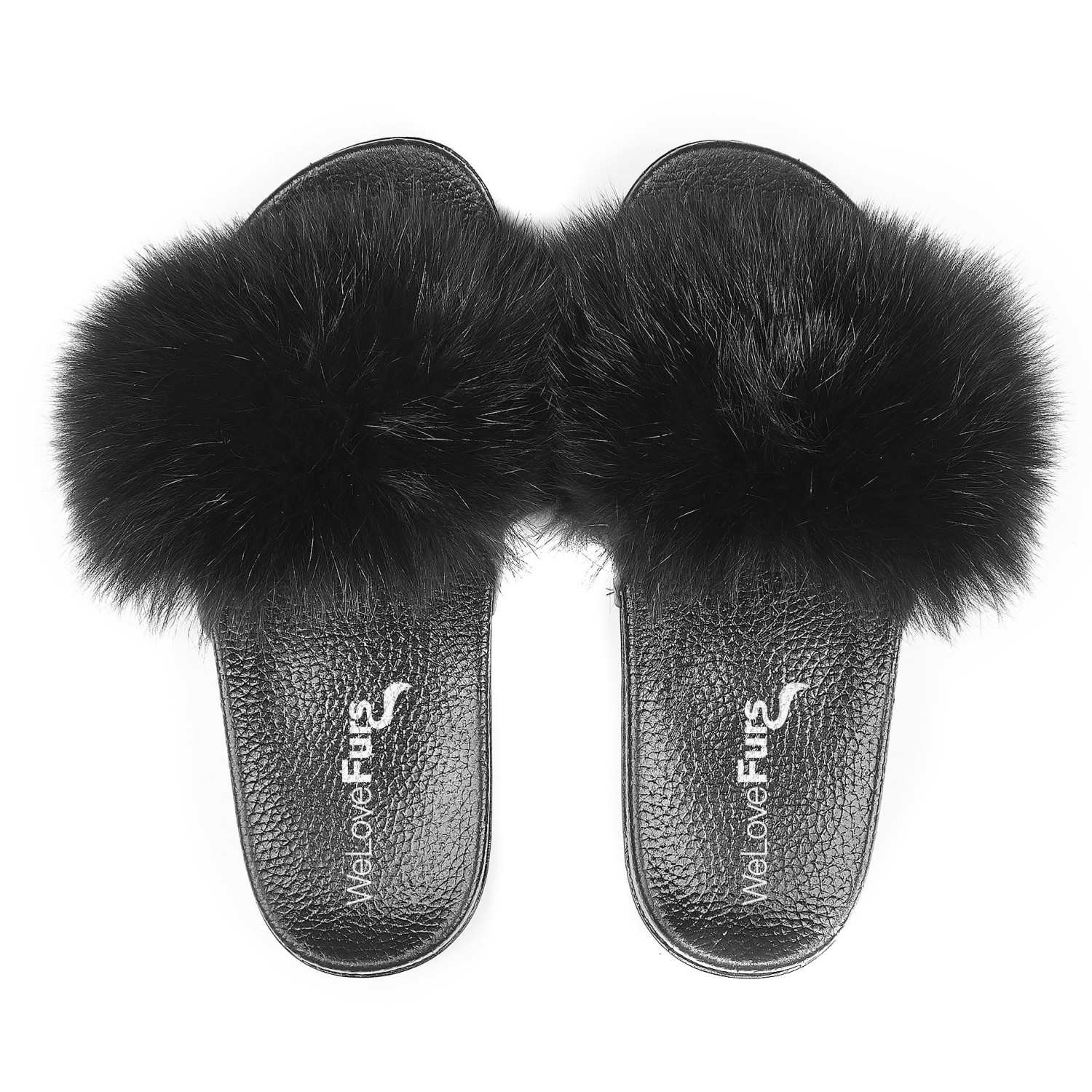 Fox Fur Slippers black, Fox Fur Slides black
